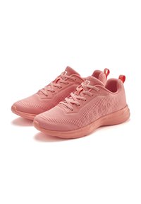 Rosa Sport-Schuhe aus strukturiertem Mesh-Gewebe mit flexibler Sohle, ausgestattet mit einem auffälligen Logo und einem Schnürsystem für einen sicheren Sitz.