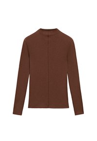 Bruine lange mouwen top van zacht materiaal, met een hoge hals en een naaddetail in het midden op de rug. Glad textuur en getailleerde vorm.
