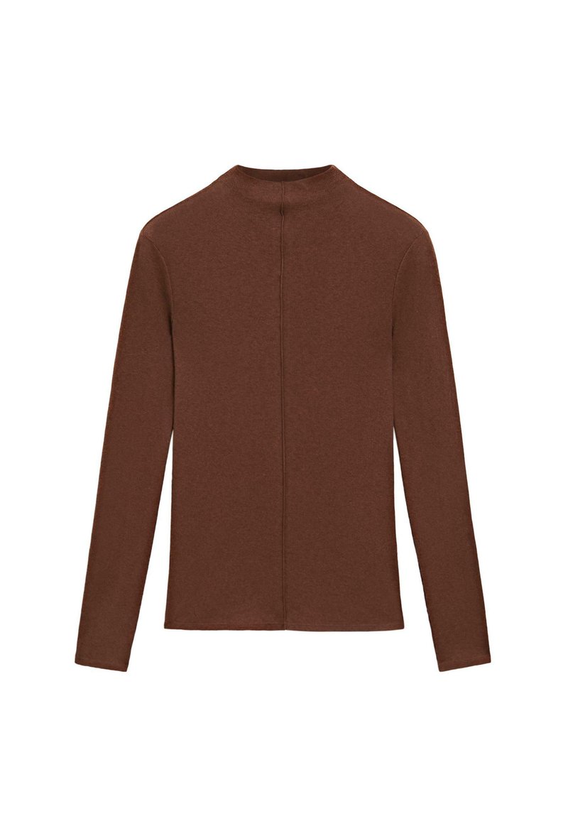 Maglia marrone a maniche lunghe realizzata in un materiale morbido, con un collo alto e una cucitura centrale sul retro. Tessuto liscio e forma aderente.