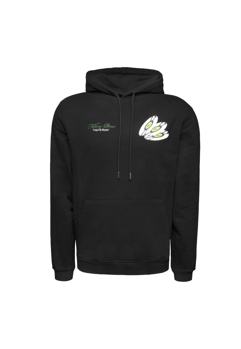 Schwarzer Hoodie mit einer vorderen Kängurutasche, Kapuze mit Kordelzug und grün-weißer Grafik von Augen auf der linken Brustseite.