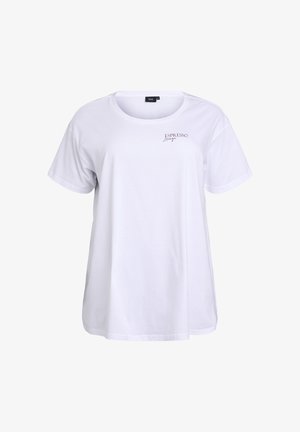 Valge puuvillane T-särk lühikeste varrukatega, ümar kaelus ja rinnaosas tumedamas värvitoonis trükitud tekst "ESPRESSO LOUNGE".