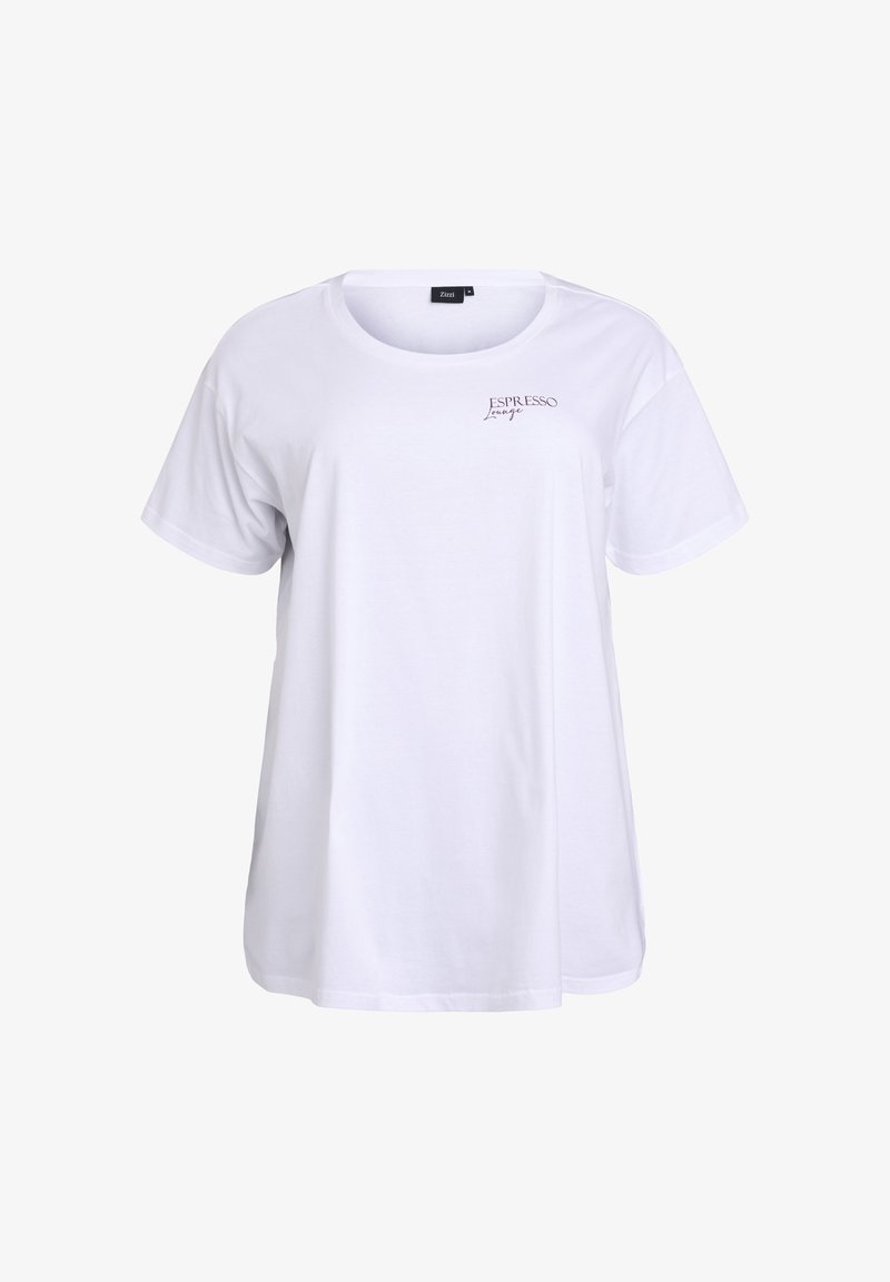 Valkoinen puuvillainen t-paita lyhyillä hihoilla, pyöreällä kaula-aukolla ja rintamuksessa tummemmalla värillä painettu "ESPRESSO LOUNGE" -teksti.