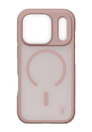 Schlanke, durchscheinende Handyhülle in Roségold mit großen quadratischen und ovalen Kameraausschnitten sowie MagSafe-Ladeausrichtung.