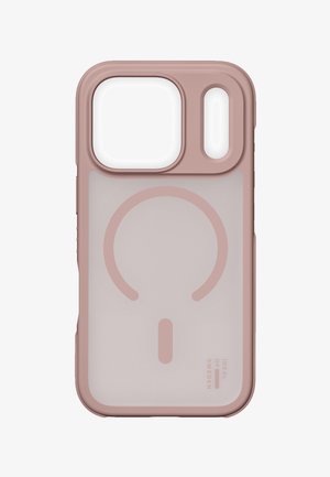 Slim, translucent rose gold phone case with large square and oval camera cutouts and MagSafe charging alignment ring.