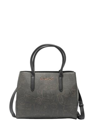 Borsa nera con materiale testurizzato, dotata di doppi manici, tracolla regolabile e motivi a rilievo a tema viaggio. Dettaglio logo dorato.