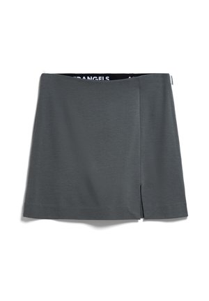 Dunkelgrauer kurzer Rock mit leichtem Schlitz vorne auf der rechten Seite, aus glattem Stoff gefertigt, mit subtil figurbetonter Form.