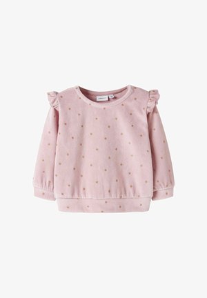 Lichtroze sweatshirt van zacht, fluweelachtig stof met gouden stermotieven en franje op de schouders. Beschikt over een ronde halslijn en elastische manchetten.