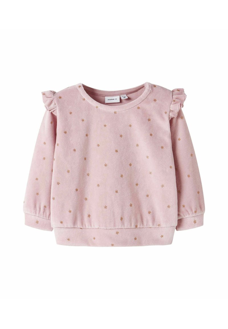 Sweatshirt rosa chiaro in morbido tessuto vellutato con motivi di stelle dorate e spalle frillate. Presenta un collo rotondo e polsini elastici.