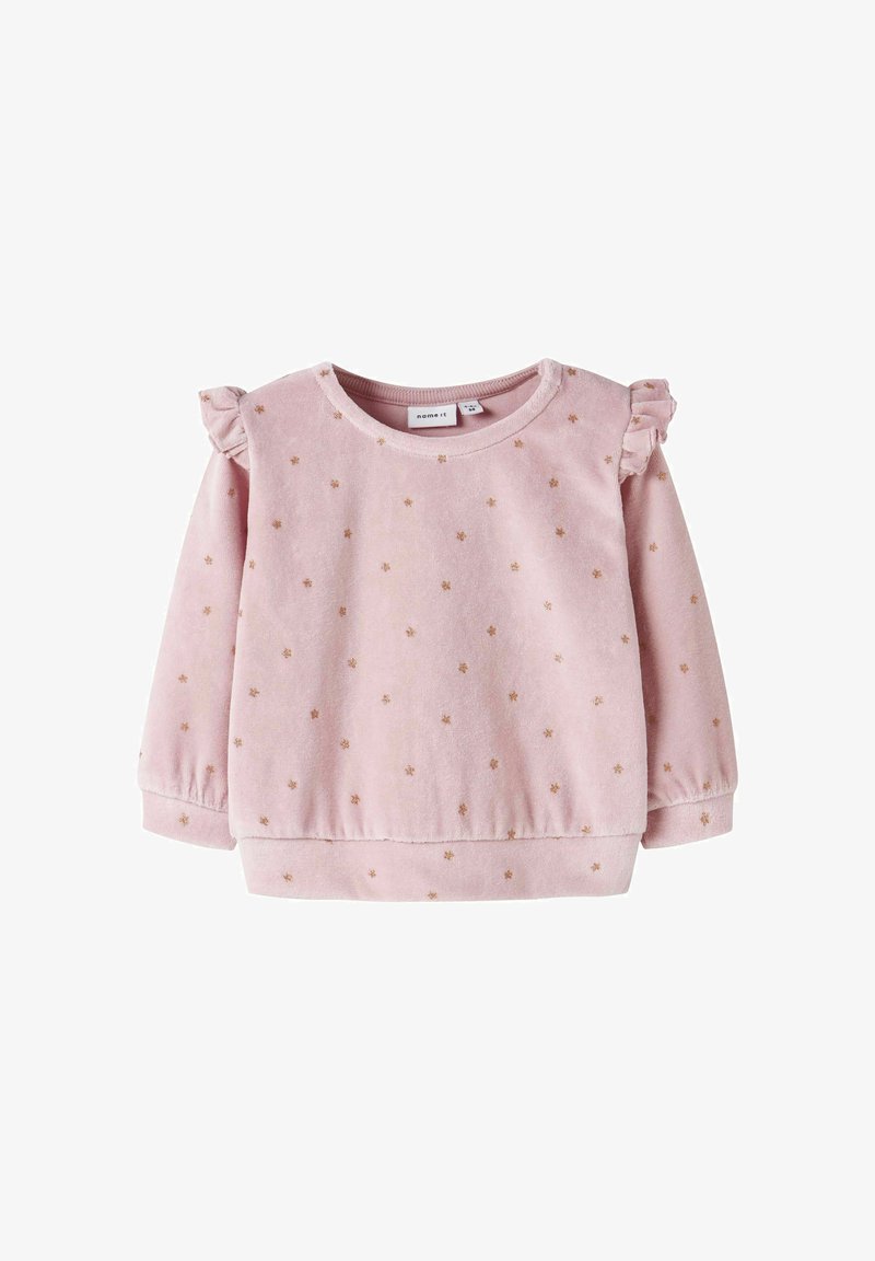 Sweatshirt rosa chiaro in morbido tessuto vellutato con motivi di stelle dorate e spalle frillate. Presenta un collo rotondo e polsini elastici.