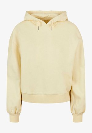 Hoodie court en jaune clair, tissu doux, capuche à cordon de serrage, poignets et ourlet côtelés, avec une coupe décontractée et sans motifs ni accents.