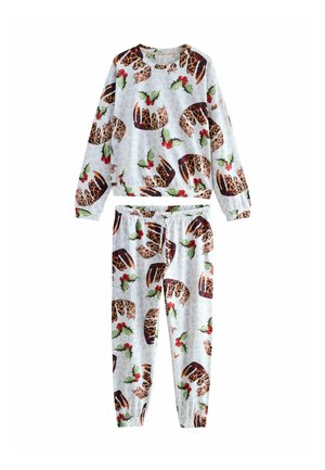 Weißes Langarm-Sweatshirt und Hosen-Set mit Leopardenmuster, Weihnachts-Pudding und Stechpalmenbeeren.