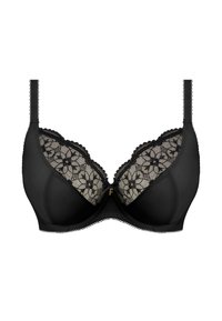 Sujetador negro con panel de encaje con estampado floral en las copas, soporte con aros y tirantes ajustables. Tela suave con bordes ondulados.