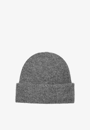 Grau gestrickte Beanie-Mütze mit umgeschlagenem Design, aus weicher Wolle gefertigt, mit geripptem Muster und glatter Oberfläche.