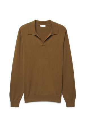 Pull en maille marron à manches longues avec col ouvert et poignets et ourlet côtelés, posé à plat sur fond blanc.