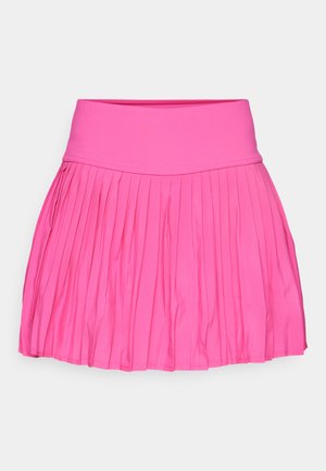 Ružová skladaná sukňa so širokým pásom, vyrobená z elastického materiálu. Obsahuje vertikálne sklady, ktoré siahajú až k lemom.