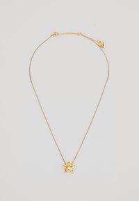 Gouden ketting met een stervormige hanger, gladde textuur en een delicate sluiting met een driehoekig accent.