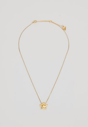 Gouden ketting met een stervormige hanger, gladde textuur en een delicate sluiting met een driehoekig accent.