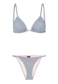 Gestreept bikini-set met groene en roze lijnen. De driehoekige top heeft verstelbare bandjes. De onderkant is laag uitgesneden met bijpassende strepen.