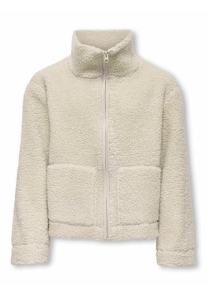 Béžová sherpa fleecová bunda s celopredným zipsom, vysokým golierom, dlhými rukávmi a dvoma prednými vreckami.