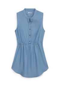 Light blue sleeveless shirt made of soft denim, featuring a collar, button placket, and an elasticized waist for a relaxed fit.
