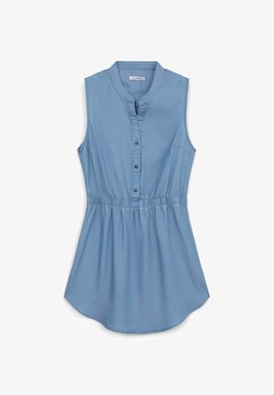 Hellblauses, ärmelloses Hemd aus weichem Denim, mit Kragen, Knopfleiste und elastischem Bund für eine lockere Passform.