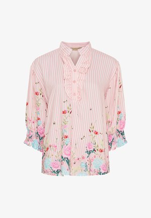 Blomsterbluse med pink og hvide striber, flæsekrave og trekvartærmer. Har multicolorede blomster mønstre og knaplukning.