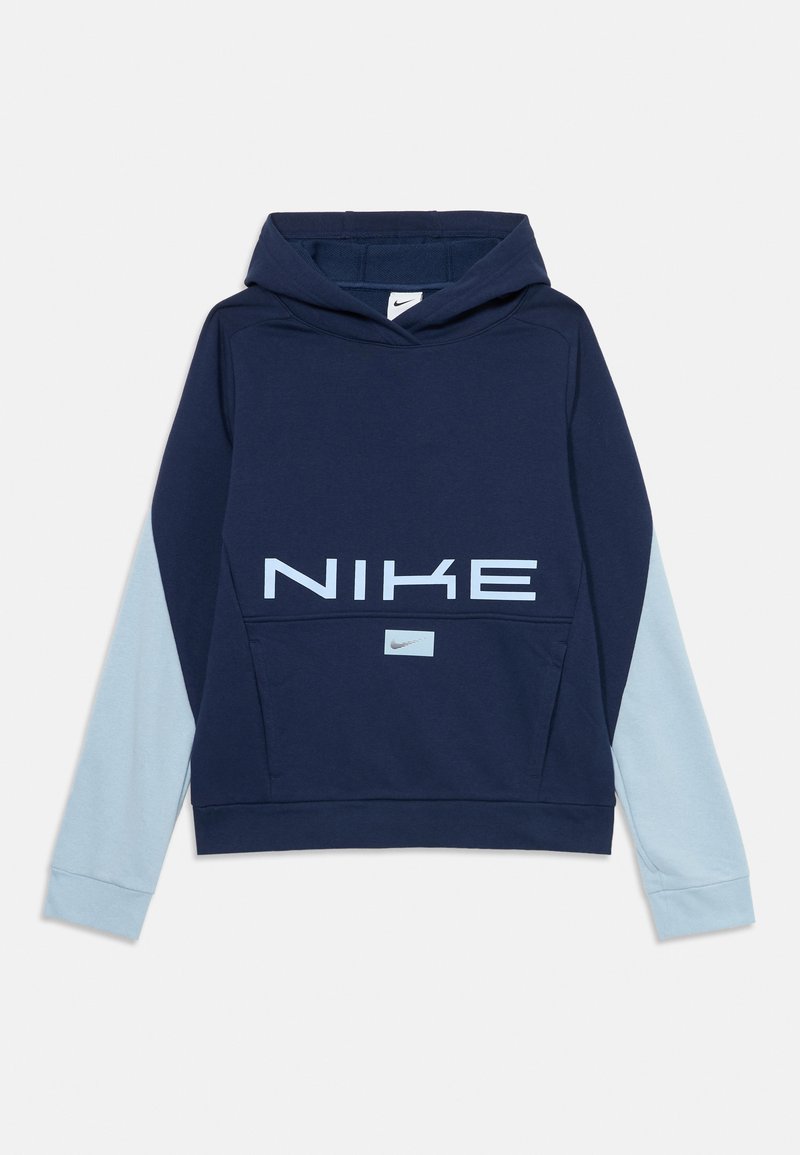 Felpa Nike di colore blu navy con maniche azzurre, grande logo sul fronte, tasca frontale e cappuccio regolabile. Tessuto morbido, design casual.