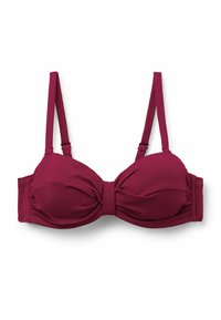 Haut de bikini texturé bordeaux avec un détail noué à l'avant. Comprend des bretelles réglables et une silhouette structurée pour un soutien et un ajustement optimal.