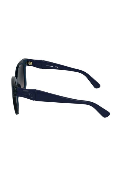 Lunettes de soleil bleu marine à finition brillante ; monture rectangulaire et branches droites. Présentent un accent métallique doré sur la charnière.