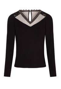 Zwart langetermijnshirt met een V-vormige halslijn van doorzichtig stippenmesh en kanten accenten. Achterkant met een sleutelhole-sluiting en decoratieve afwerking.