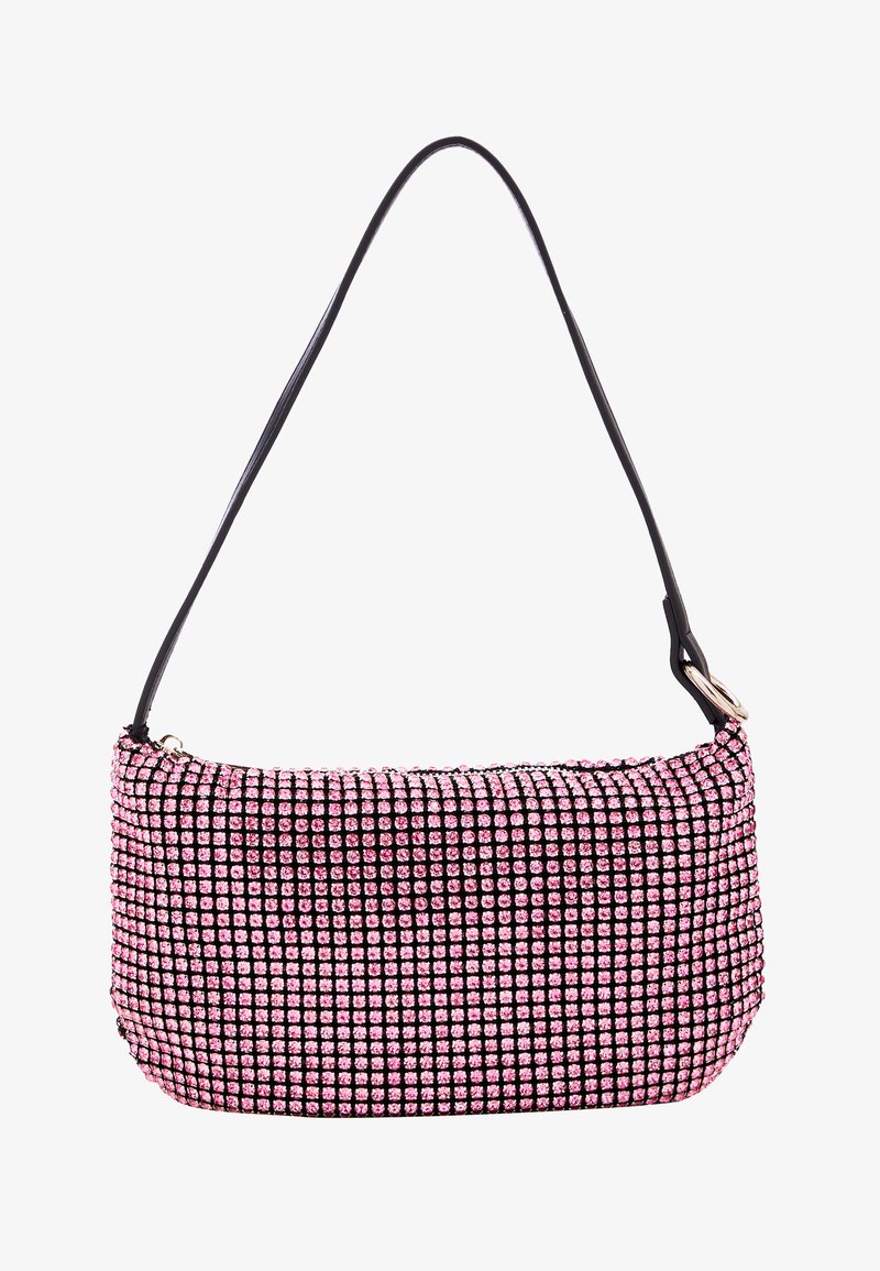 Czarna torebka o zakrzywionym kształcie, pokryta różowymi cyrkoniami, z cienkim czarnym paskiem i zamknięciem na zamek. Fakturowana, błyszcząca powierzchnia.