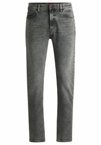 Jeans in denim grigio con una vestibilità slim, design a cinque tasche, cuciture a contrasto e chiusura con bottone in vita.