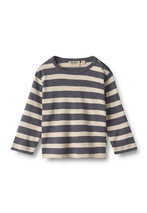 Langærmet babyshirt med horisontale beige og mørkegrå striber, rund halsudskæring og trykknapper på den ene skulder.
