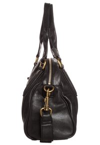 Czarna skórzana torebka w zaokrąglonym kształcie, z podwójnymi uchwytami u góry i złotymi akcentami. Posiada zamek błyskawiczny oraz boczne kieszenie do przechowywania.