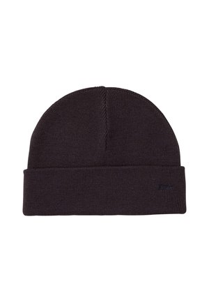 Black knitted beanie hat with folded brim and subtle embroidered logo on cuff, displayed on white background.