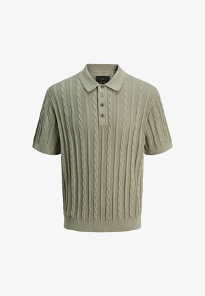 Strikket polo skjorte i lys grøn med kabelmønster, korte ærmer, tre-knap lukning og ribbet krave og kant.