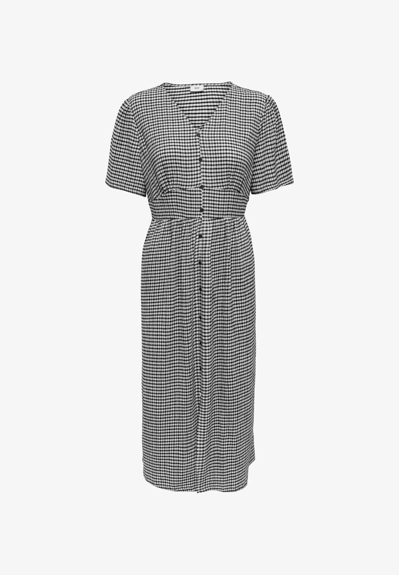 Robe midi en vichy noir et blanc avec manches courtes, col en V, taille cintrée et boutonnage à l'avant.