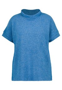 Top corto blu con maniche corte e collo alto a lupetto, realizzato in tessuto strutturato a coste. Vestibilità ampia con un aspetto morbido e leggermente melangiato.