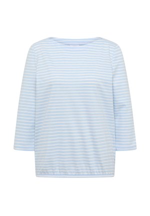 Camiseta de manga larga con rayas horizontales en azul claro y blanco, con cuello redondo y dobladillo elástico.