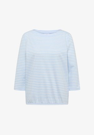 Maglietta a maniche lunghe a righe orizzontali azzurro chiaro e bianco con scollo rotondo e orlo elasticizzato.