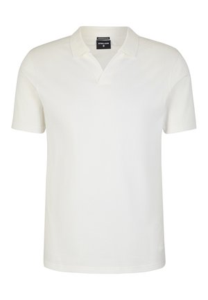 Weißes Polohemd aus strukturiertem Stoff, mit einer Zwei-Knopf-Leiste, kurzen Ärmeln und einem Kragen. Schlichtes, minimalistisches Design ohne Muster.