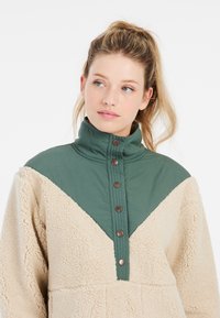 Groene en beige fleece pullover met een hoge kraag, voorzien van een driehoekig ontwerp, bruine knopen en een gestructureerde stof voor warmte.