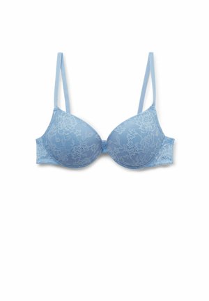 Light blue lace push-up bra with adjustable straps and underwire, shown flat on a white background.
