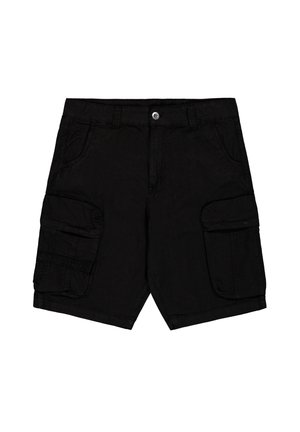 Sorte cargoshorter med knapp foran, beltehemper, sidelommer med klaff og vanlige frontlommer.