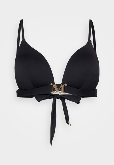 Top de biquíni preto com um design profundo, tecido suave, alças finas ajustáveis e um detalhe em logotipo dourado ao centro com fecho de laço.