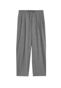 Graue, weite Hosen aus weichem Stoff, mit einem Gummizugbund, gefaltetem Vorderteil und lockerem Schnitt.