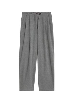 Gray, wide-leg trousers made from soft fabric, featuring a drawstring waistband, pleated front, and a relaxed fit.