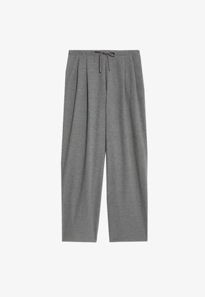 Gray, wide-leg trousers made from soft fabric, featuring a drawstring waistband, pleated front, and a relaxed fit.