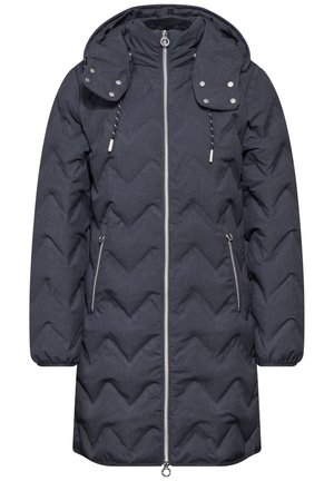 Doudoune gris foncé avec un motif en chevrons, fermeture zippée, capuche ajustable et deux poches latérales avec des accents en métal argenté.