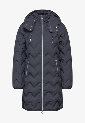 Dunkelgraue Steppjacke mit Chevron-Muster, Reißverschluss vorne, verstellbarer Kapuze und zwei Seitentaschen mit silbernen Hardwareakzenten.